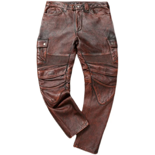 Vintage Red Brown Genuine Cowhide Motorcycle Leather Pant Men Thick Leather Trousers Man Moto Biker Slim Pants with Protectors