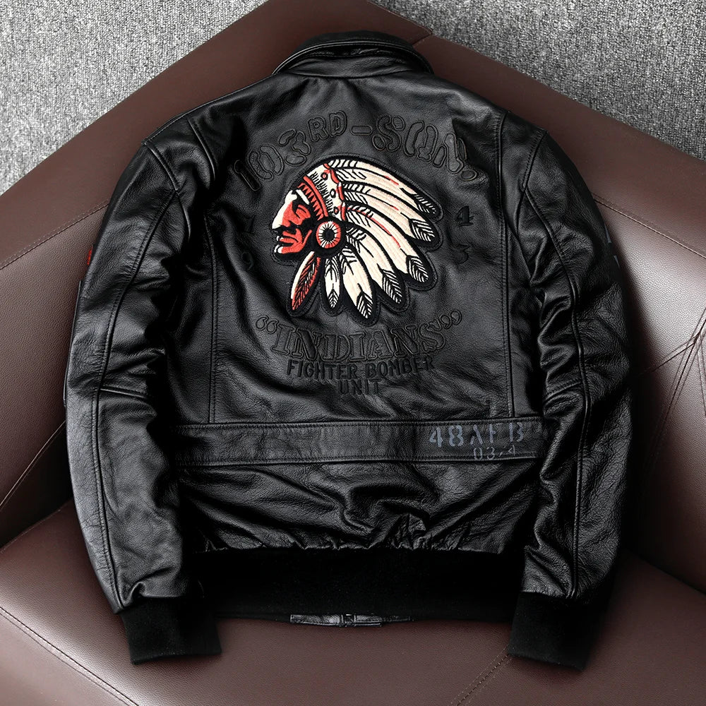 New Indian Embroidery Flying Suit Natural Genuine Leather Coat Men's Cowhide Leather Motorcycle Jackets Slim Fashion Clothing