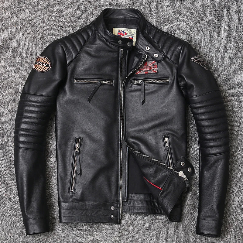 Motorcycle Genuine Leather Jacket for Men Style Biker Jackets Slim Cowhide spring Coat Men