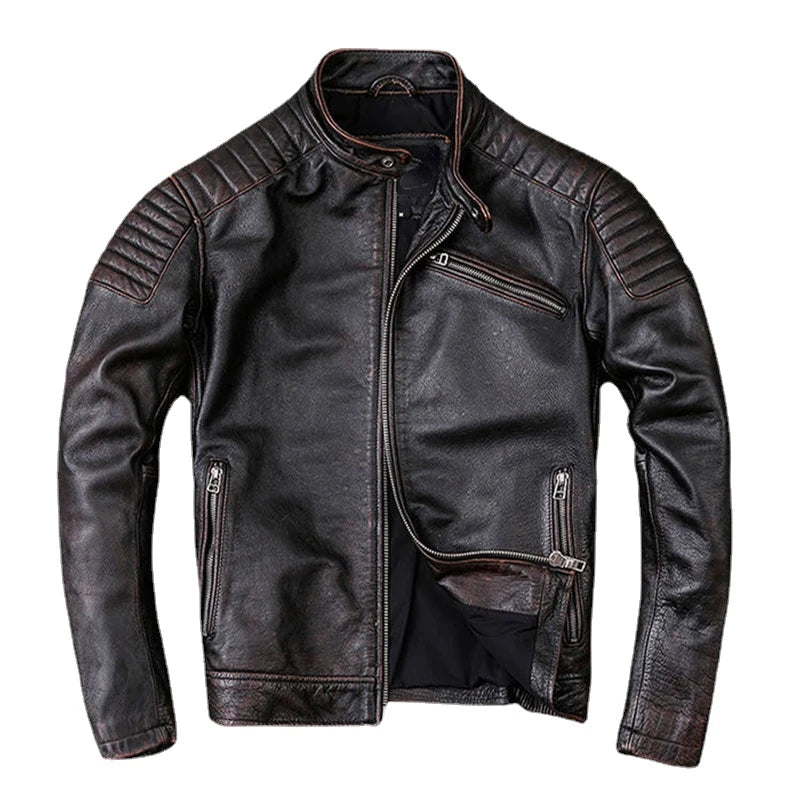 Vintage Leather Jacket Men 100% Genuine Cowhide Black Moto Biker Clothing Man Coat Boy Leather Coat Slim Autumn Asian Size M104