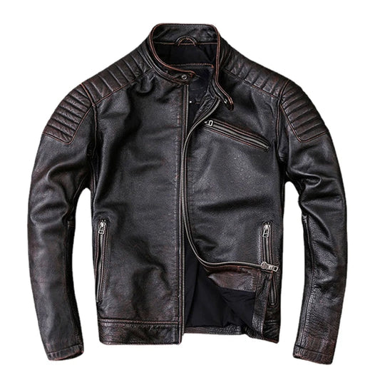 Vintage Leather Jacket Men 100% Genuine Cowhide Black Moto Biker Clothing Man Coat Boy Leather Coat Slim Autumn Asian Size M104