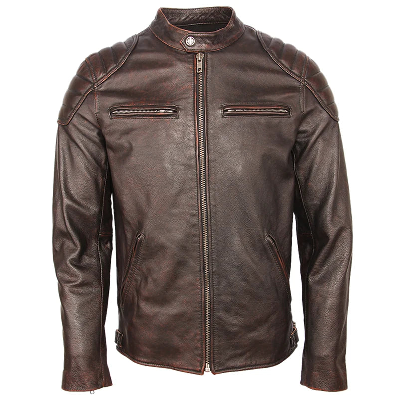 Vintage Distressed Leather Jacket Men 100% Cowhide Genuine Leather Jackets Slim Fit Motorcycle Jacket Man Biker Coat Autumn M357