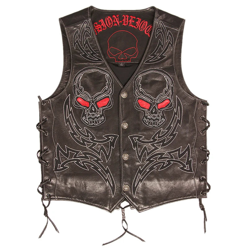 Vintage Skulls Embroidery Motorcycle Leather Vest 100% Genuine Cowhide Short Men Biker Leather Vest Moto Leather Waistcoat M450