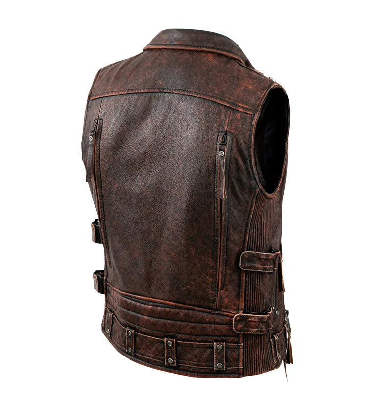 Vintage Brown Motorcycle Vests Men Natural Cowhide Genuine Leather Jacket Sleeveless Men's Riding Vest Motor Biker Jackets