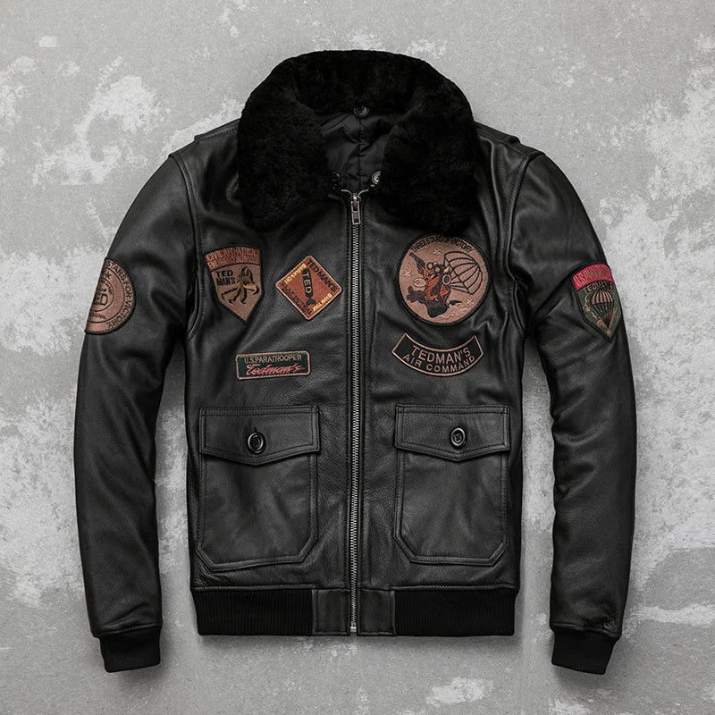 Detachable Natural Fur Collar Genuine Cowhide Men Leather Jacket Patches Flight Jacket Air Force Pilot Coat Winter Bomber Jacket