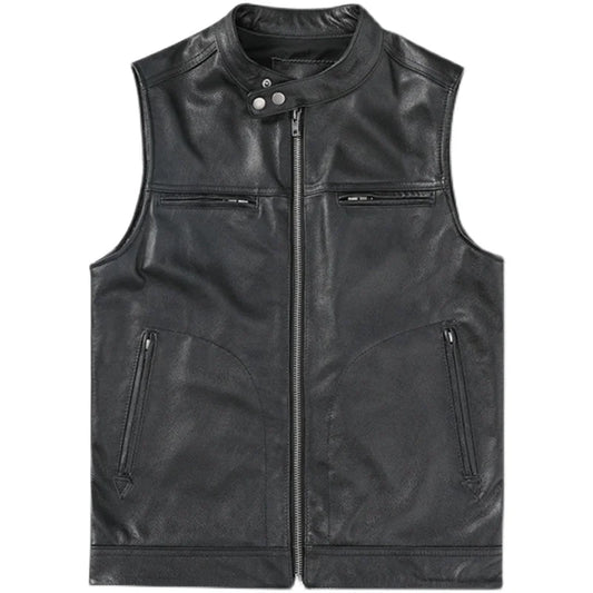 Black Genuine Cowhide Leather Vest Men Leather Vests Slim Fit Veste Homme Motorcycle Biker Waistcoat Мотоцикл