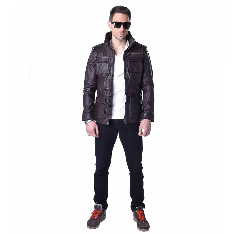 M65 Genuine Leather Jacket Men Long Real Cowhide Military Clothes Male Leather Coat Autumn M143