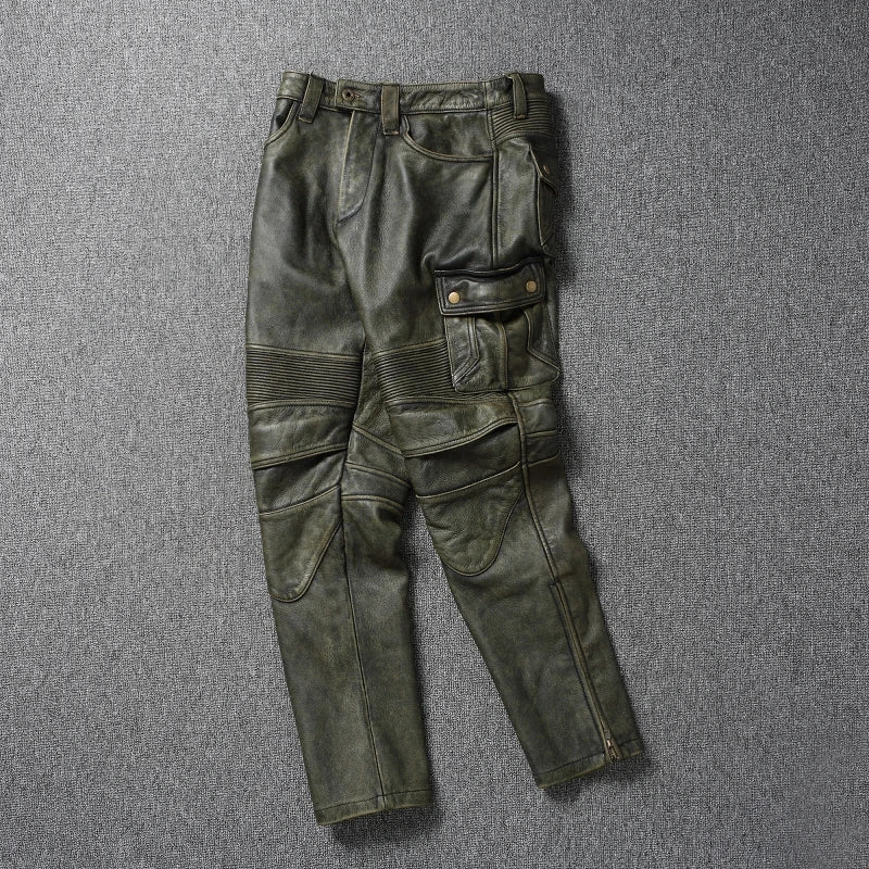 Vintage Army Green Men Leather Pant Genuine Cowhide Motorcycle Pants Mens Leather Trousers Calca Masculina Pantalones Hombre