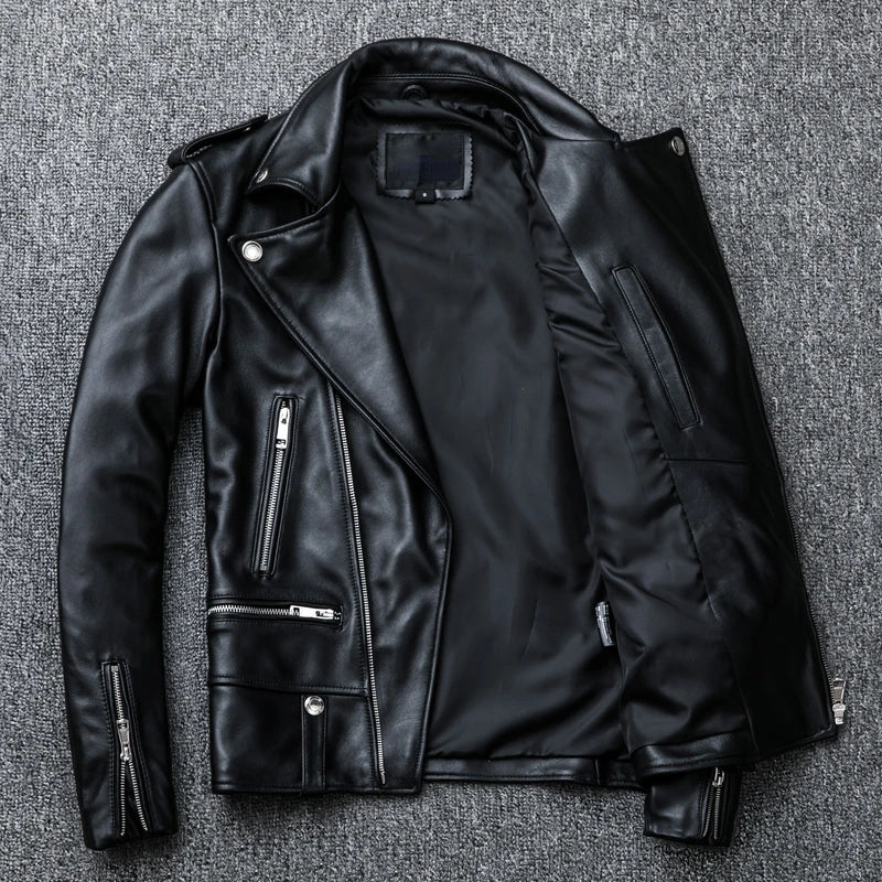 Spring and Autumn Natural Leather Jacket Black Soft Men's Motocycle Jackets Motor Clothing Biker Slim Short Coat