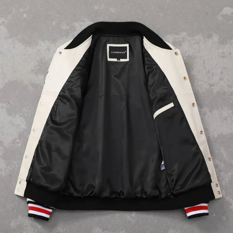 Fashion Terrycloth Embroidery Genuine Leather Baseball Jacket White Black American Style Sport Coat Loose Street Mens Jacket