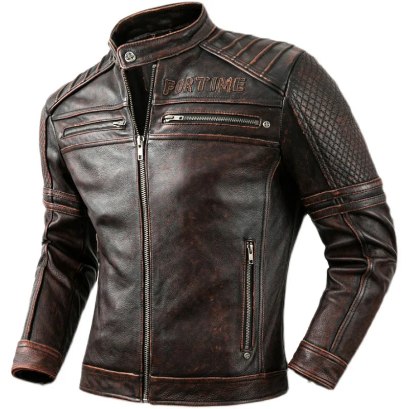 Mens Motorcycle Jacket Genuine Leather Coats Moto Biker Men Jackets Vintage Calf Skin Real Leather Coats Men Racer Clothing