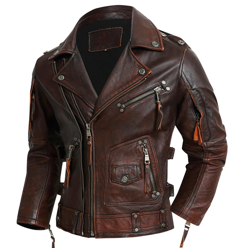 Mens Leather Jacket Thick Genuine Cow Slim Men's Leather Jacket Riding Jackets Motorcycle Biker Clothes Chaquetas Moto Hombre