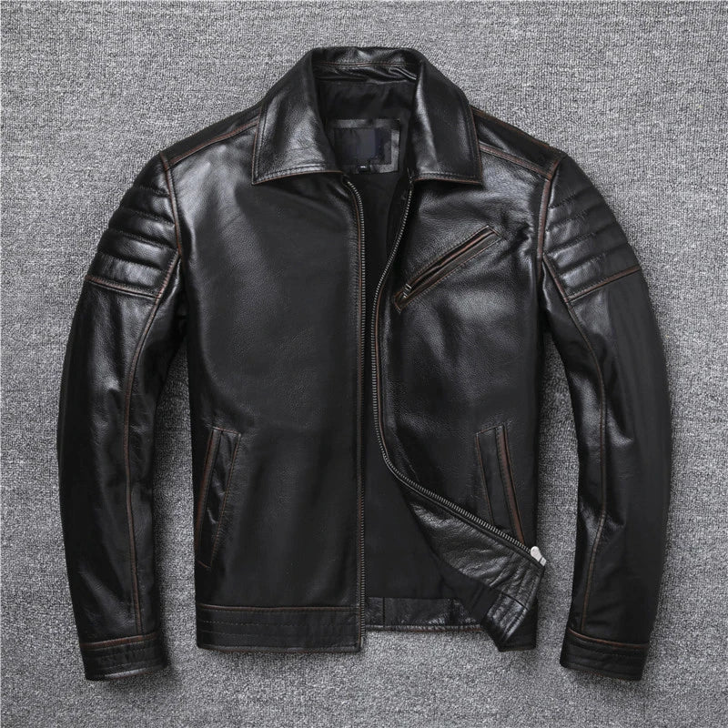 New Style Edging Brown Vintage Genuine Leather Jacket Men Cowhide Slim Fashion Biker Jackets Clothing Big Size S-5XL