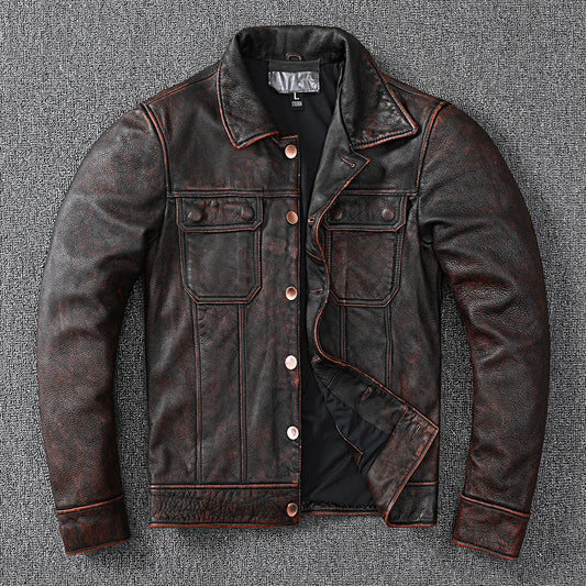 New Vintage Brown Workwear Style Cowboy Genuine Leather Jacket Natural Cowhide Coat Men's Stone Mill Old Style Clothes