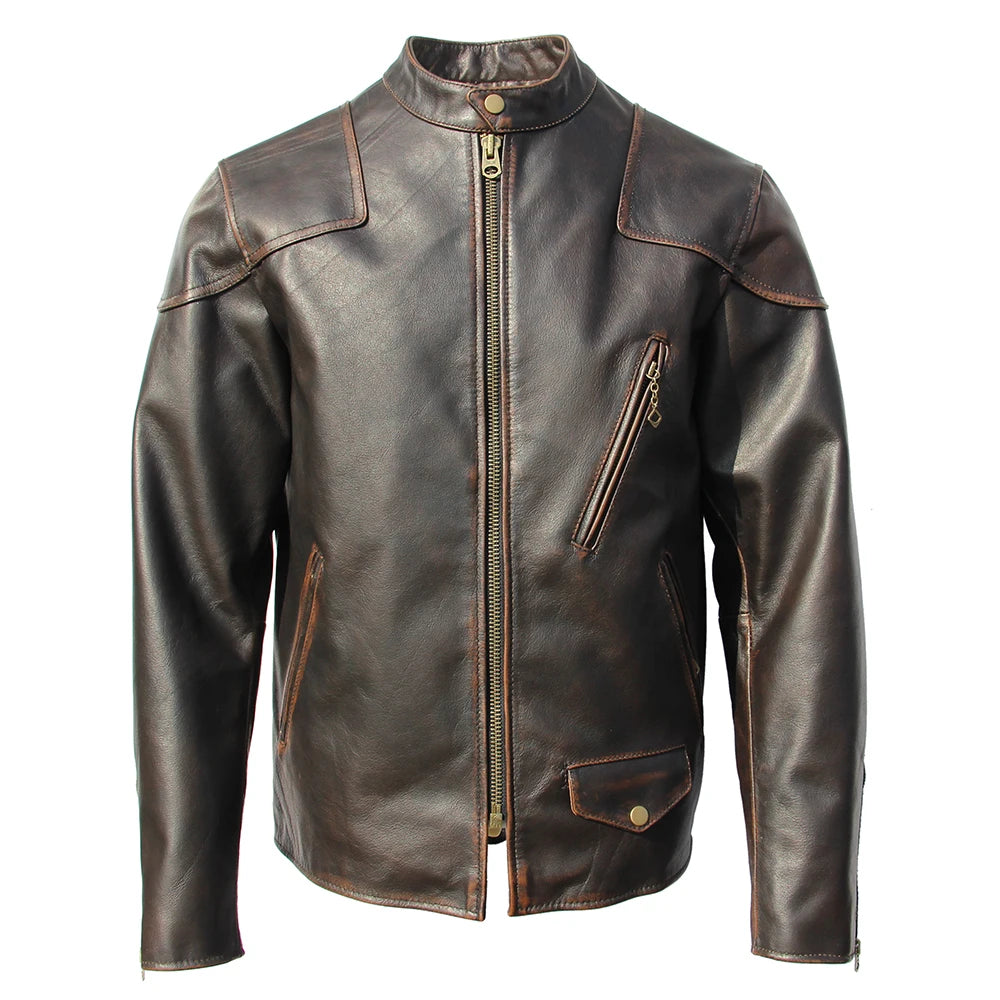 Fashion Natural Horsehide Leather Jacket Men Oil Waxed Cowhide Genuine Leather Coat Slim Male Clothes Autumn Chest 128cm M002