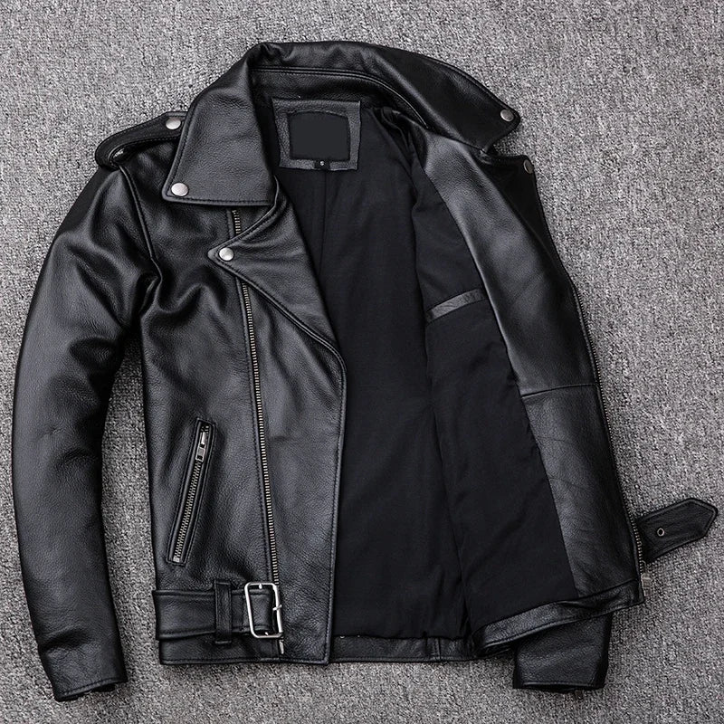 Spring Classical Motorcycle Oblique Zipper Jackets Men Leather Jacket Natural Calf Skin Thick Slim Cowhide Moto Biker Jacket Man