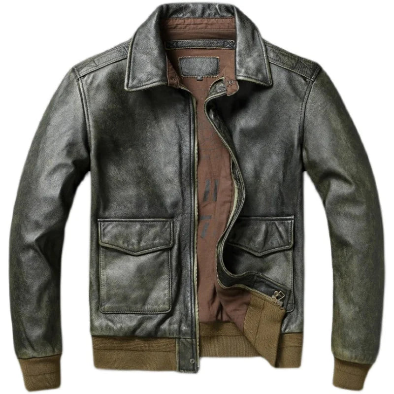 Classic Military A2 Air Force Leather Flight Jackets Vintage Stonewashed Old Cow Leather Jacket Men Soft Cowhide Mens Coat