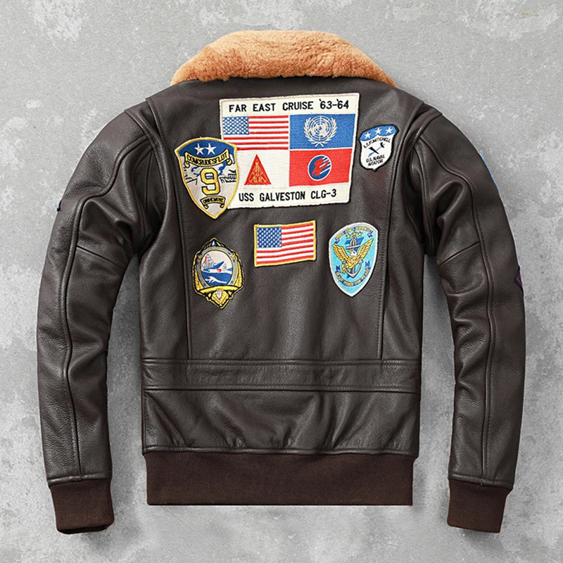 Embroidery Aviator Bomber G1 Flight Jacket Cowhide Leather Coat Men Air Force Winter Clothing AviationCoats Real Fur Collar M-XL