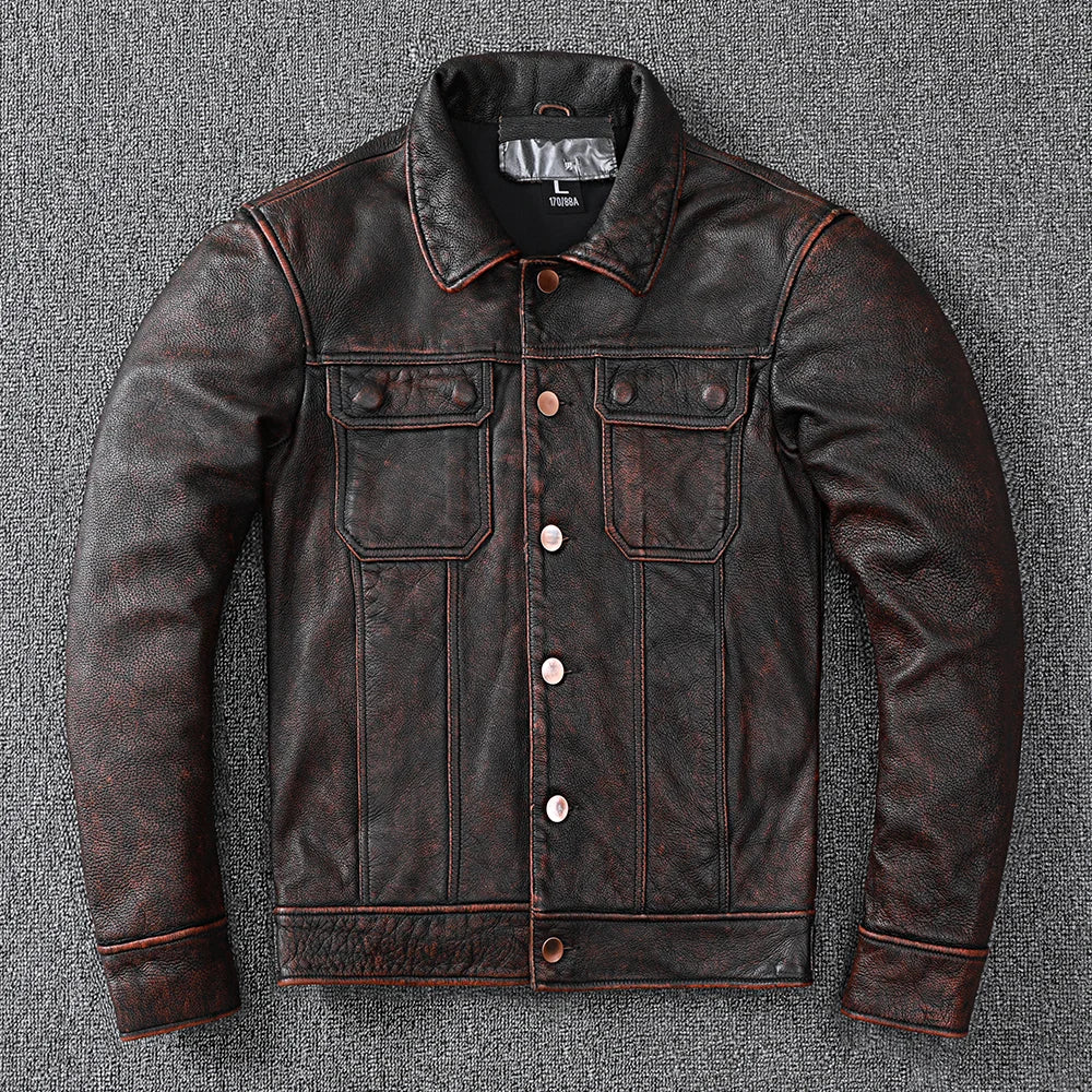 New Vintage Brown Workwear Style Cowboy Genuine Leather Jacket Natural Cowhide Coat Men's Stone Mill Old Style Clothes