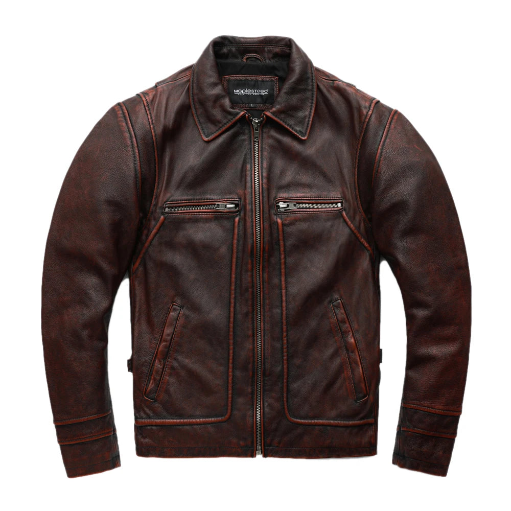 MAPLESTEED Brand Men Leather Jacket 100% Genuine Cowhide Vintage Red Brown Skin Jackets Men Winter Coat Sleeve 62-68cm 5XL M100