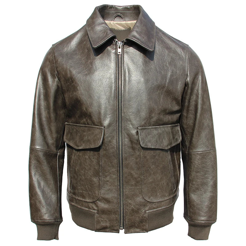 Classic A2 Bomber Flight Coat Men Aviator Leather Jacket Natural Oil Waxed Cowhide Male Pilot Clothing Autumn Chest 130cm M228