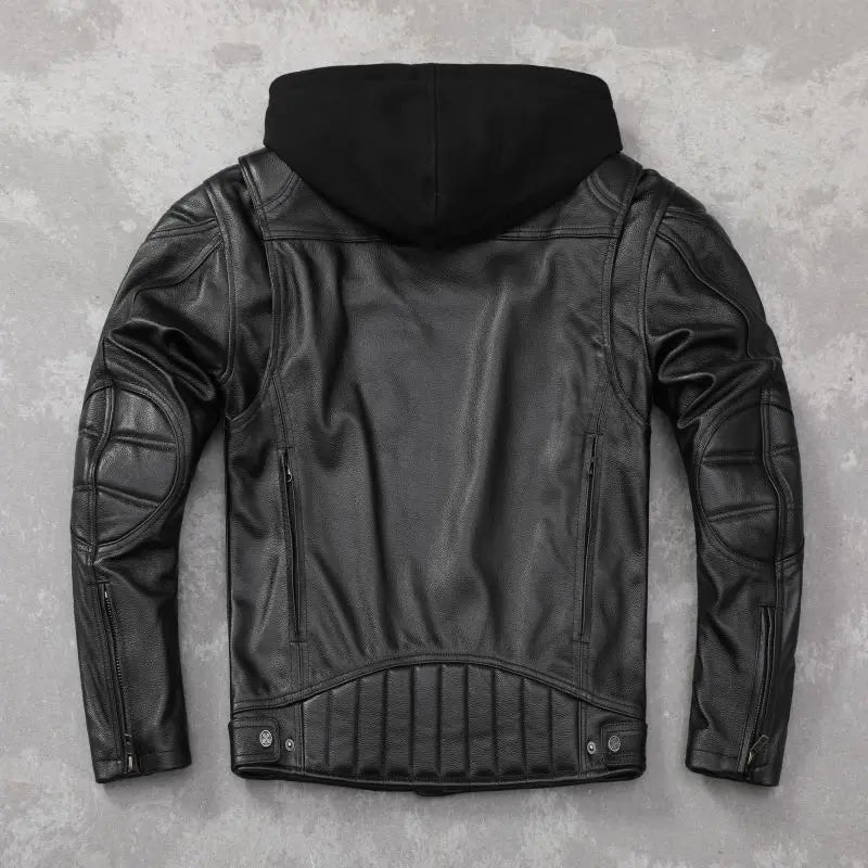 Heavy Motorcycle Jacket Hood Genuine Cowhide Men Leather Jacket Riding Biker Coat Winter Motorbike Jackets Warm Jaquetas