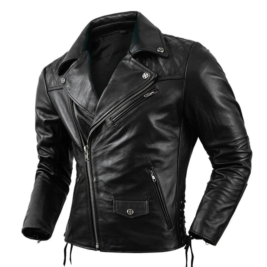 Men's Motorcycle Jacket Protectors Genuine Leather Clothes Natural Cowhide Oblique Zipper High Quality Coat  Size S-5XL