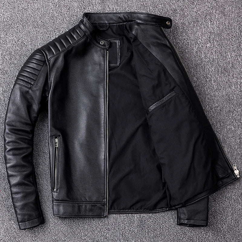 New Motorcycle Style Men's Cowhide Genuine Leather Clothes,Fashion Black Motor Biker Jacket Cool Leather Coat Plus Size 5XL