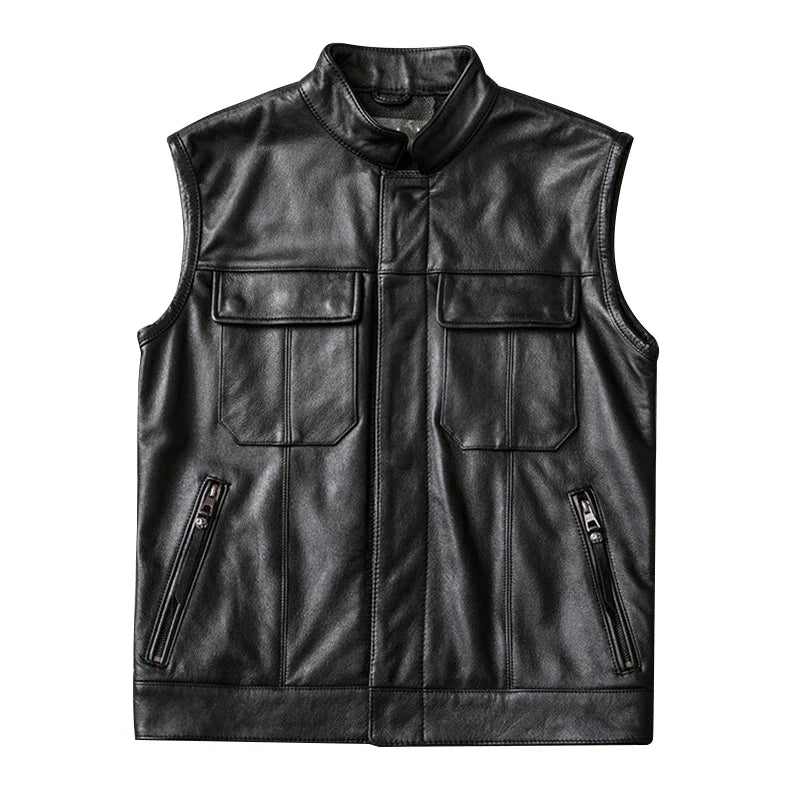 Motorcycle Biker Leather Vest Men Genuine Cow Leather Sleeveless Jackets 100% REAL Cowhide Stand Collar Waistcoat Outwear