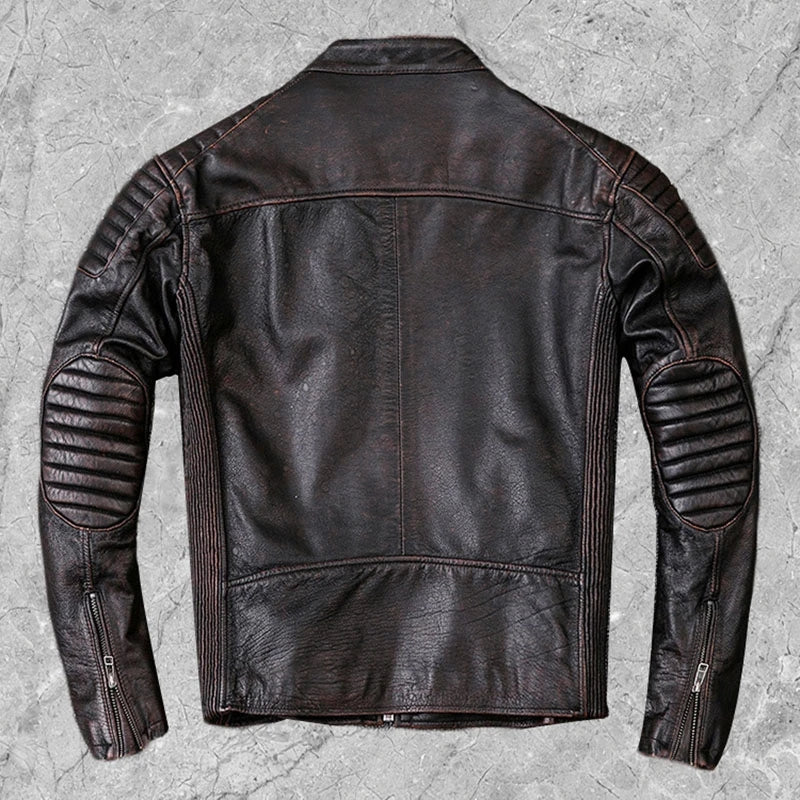 Spring Autumn Motorcycle Genuine Leather Jacket Men's Real Cowhide Coat Vintage Brown Slim Fit Clothes Chaqueta De Los Hombres