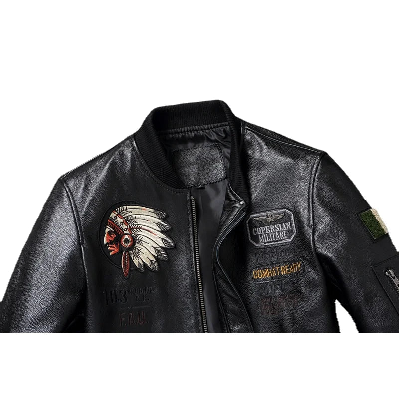 Indian Embroidery Baseball Coat Genuine Cowhide Casual Leather Jackets for Men Leather Jacket Spring Autumn