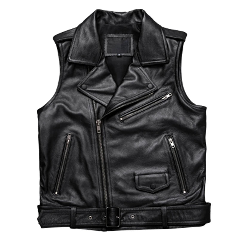 New Black Motorcycle Biker Leather Vest Men Genuine Leather Oblique zipper Sleeveless Jackets High Quality Cowhide Vests