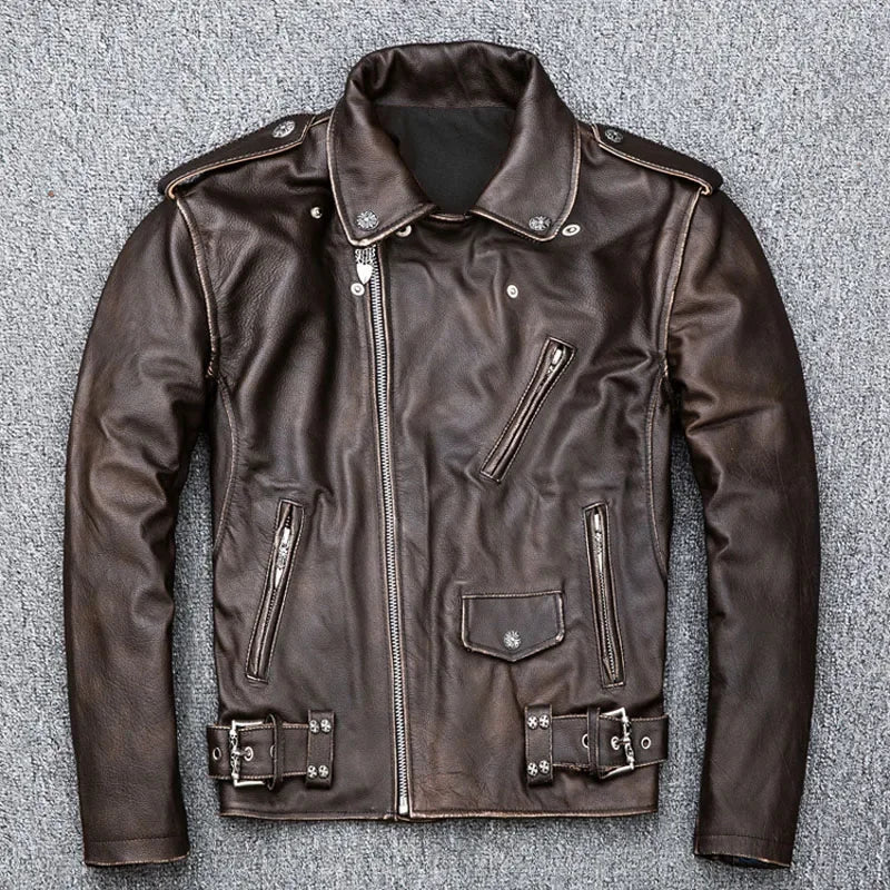 MAPLESTEED Brown Distressed Motorcycle  Men 100% Calf Skin Classic Slim Leather Jacket Man Moto Biker Coat Winter 5XL M190