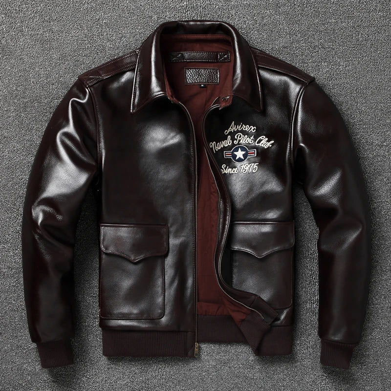 Flight Jackets Air Force A2 Oil Waxed Cowhide Embroidery Genuine Leather Jacket Men Aviator Bomber Mens Cow Leather Coat Autumn