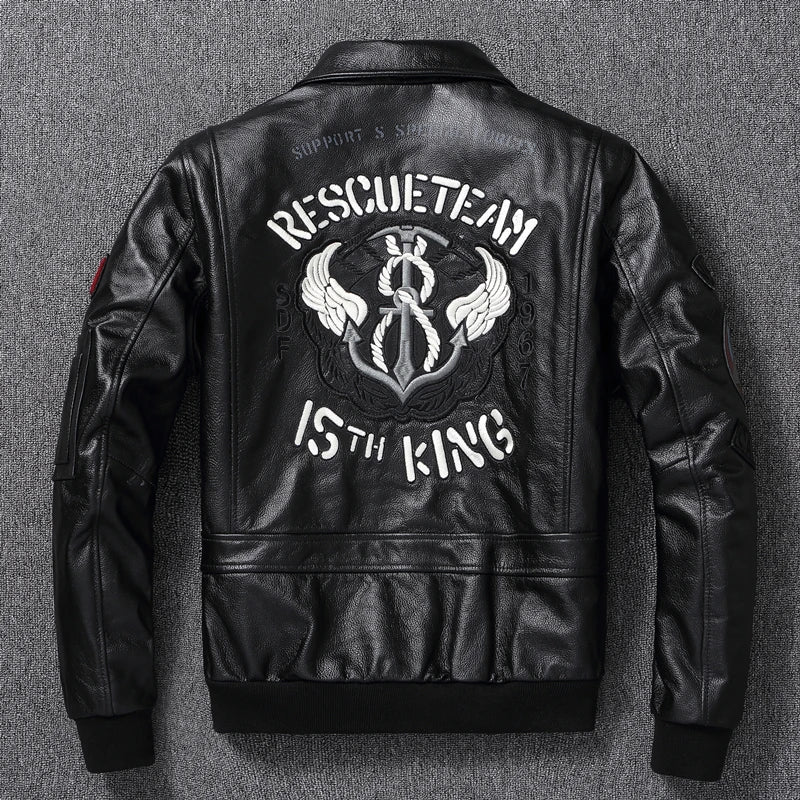 Men Leather Jacket Indian Embroidered Skull Bomber Clothes Aviator Military A2 Flight Jackets Top Layer Cow Leather Coat Autumn