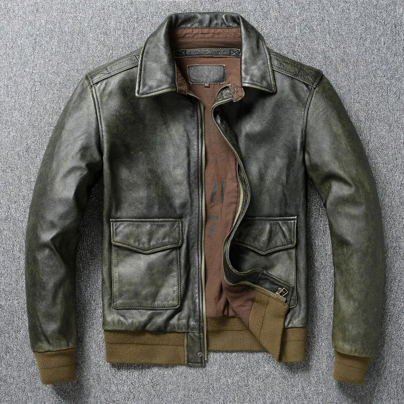 Classic Military A2 Air Force Leather Flight Jackets Vintage Stonewashed Old Cow Leather Jacket Men Soft Cowhide Mens Coat