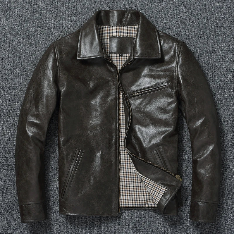 Genuine Leather Top Layer Cowhide Leather Jacket Men's Slim Fit Oil Wax Cow Leather Coat Spring Autumn Men Leather Jacket