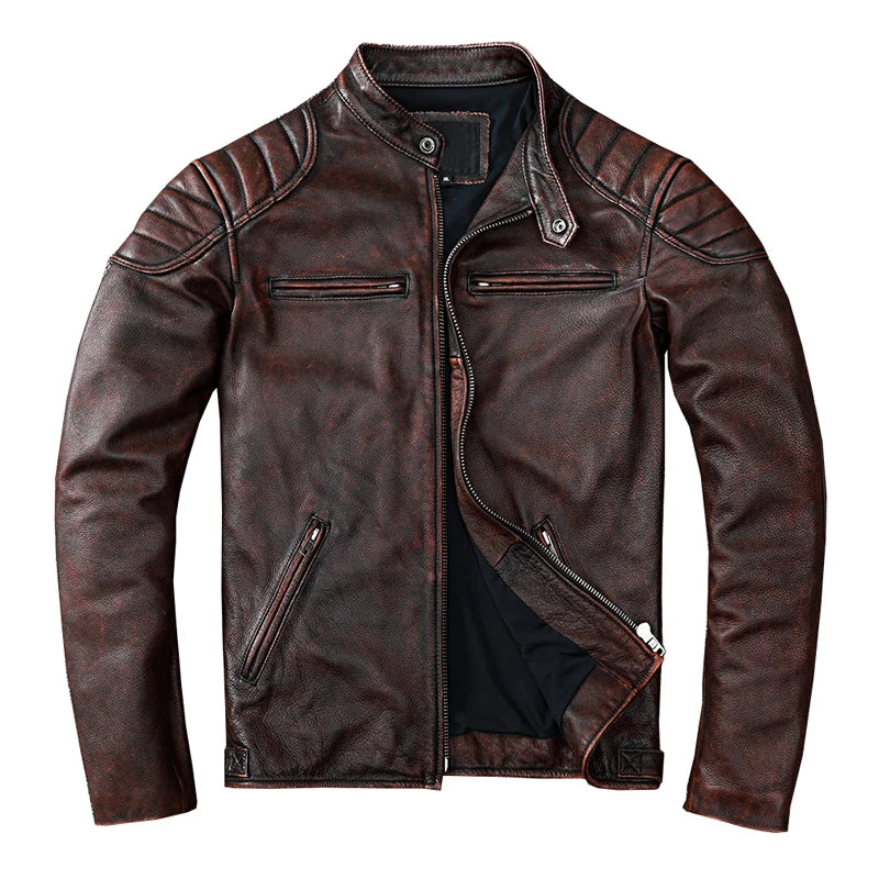 New Vintage Style Mens Real Cowhide Clothes Biker Genuine Leather Jacket Fashion Brown Leather Slim Coat Men Cow Leather Jacket