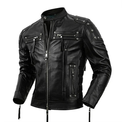 Protective Motorcycle Clothing Cowhide Leather Leather Men's Motorcycle Riding Clothing Calfskin Leather Jacket Biker Coat Men