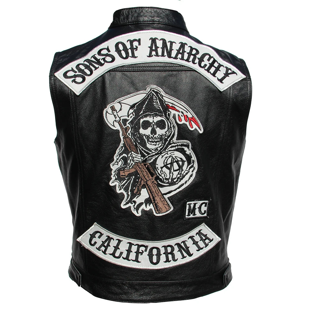 Sons of Anarchy Embroidery Motorcycle Biker Leather Vest Men Genuine Leather Sleeveless Jacket Real Cowhide Club Vest Riding 6XL