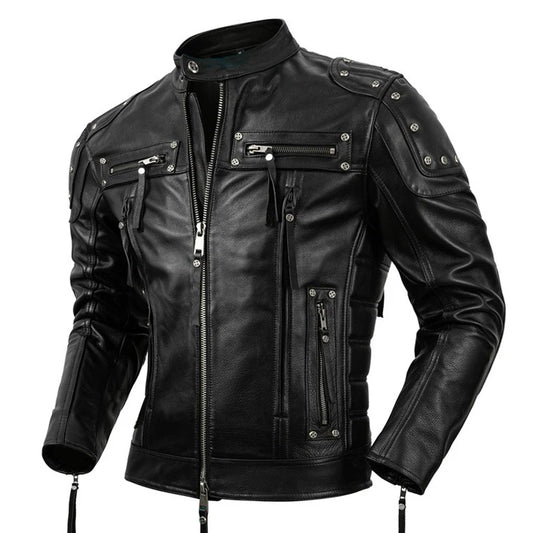 Protective Motorcycle Clothing Cowhide Leather Leather Men's Motorcycle Riding Clothing Calfskin Leather Jacket Biker Coat Men