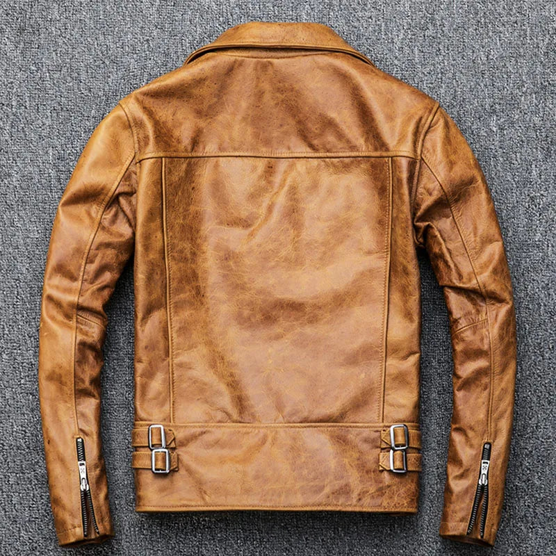 Natural Oil Wax Calf Skin Jackets Men Leather Jacket Thick Turn Down Collar Yellow Brown Men's Skin Coat Winter M098