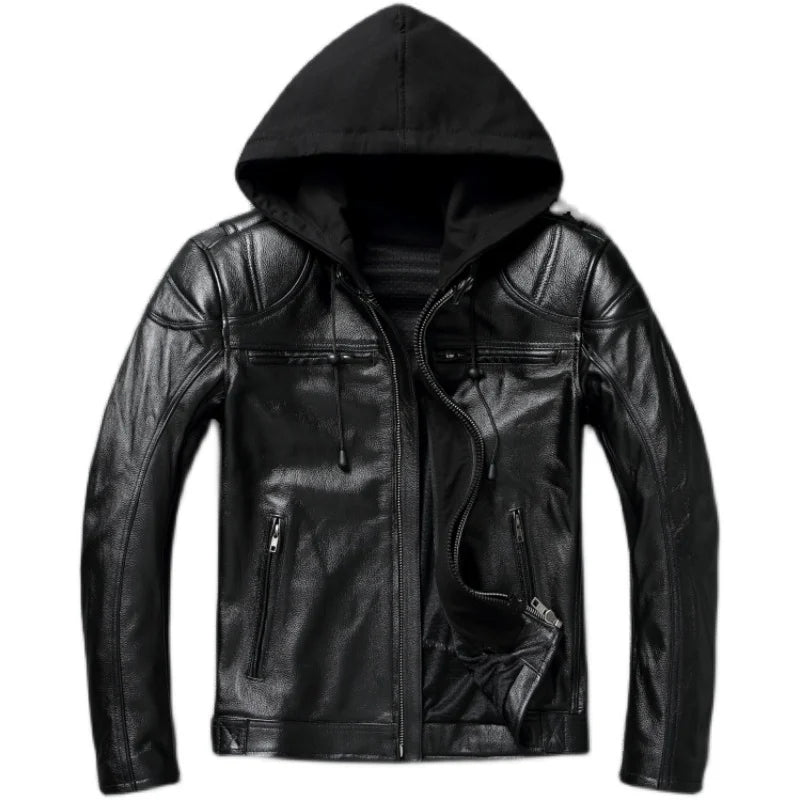 Heavy Motorcycle Jackets Club Biker Coat Real Cowhide Leather Jacket Men Removable Hooded Riding Clothing Men Leather Jacket