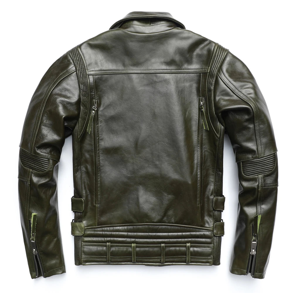 Unique Army Green Motorcycle Jacket Men Leather Jacket 100% Oil wax Cowhide Motor Biker Jacket Male Leather Coat Winter M455