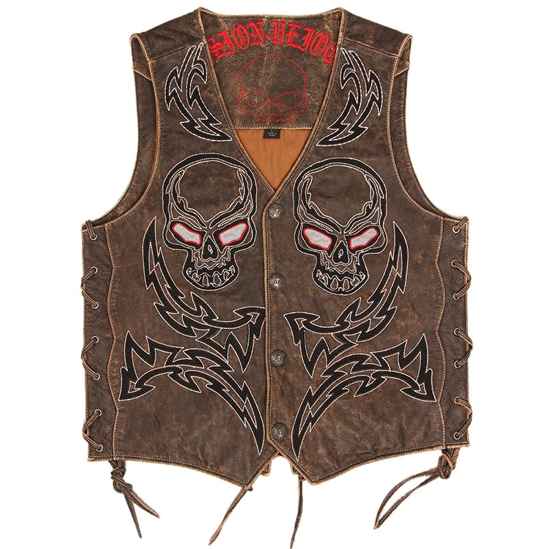 Vintage Skulls Embroidery Motorcycle Leather Vest 100% Genuine Cowhide Short Men Biker Leather Vest Moto Leather Waistcoat M450