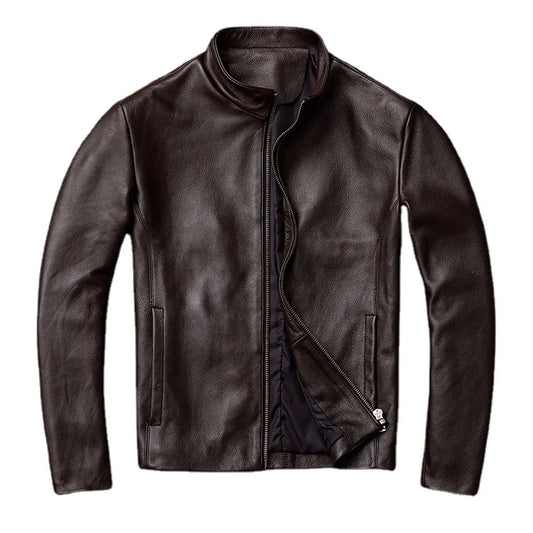 Casual Men Leather Jacket Thin Soft Cowhide Leather Black Brown Standard Collar Mens Coats Spring Jaquetas Masculina De Couro
