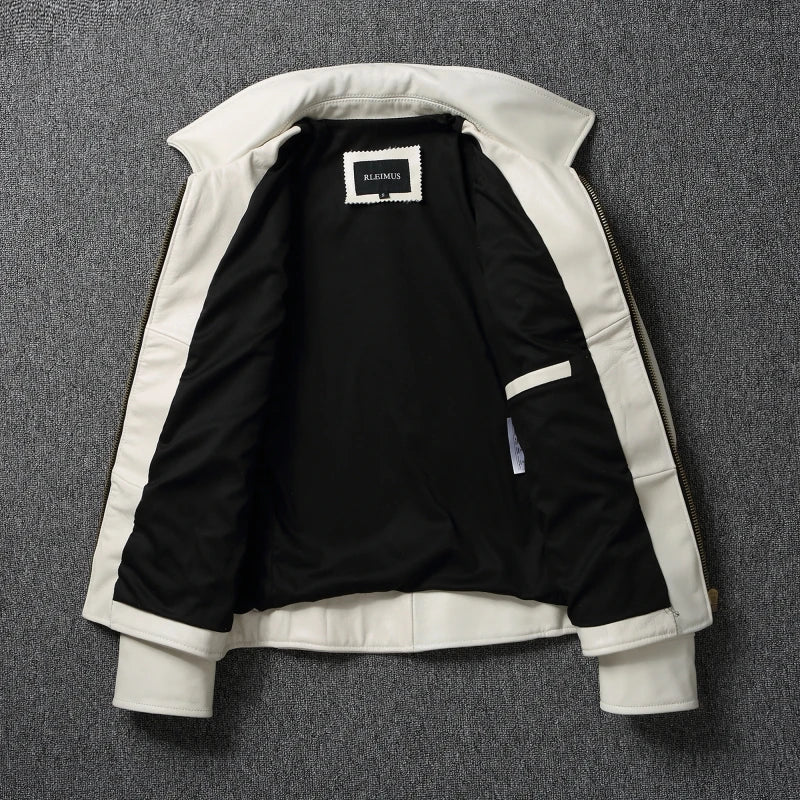 Fashion Off White Cow Leather Jacket for Men Slim Fit Men Leather Jacket Genuine Cowhide Coat Spring Autumn Male Clothes