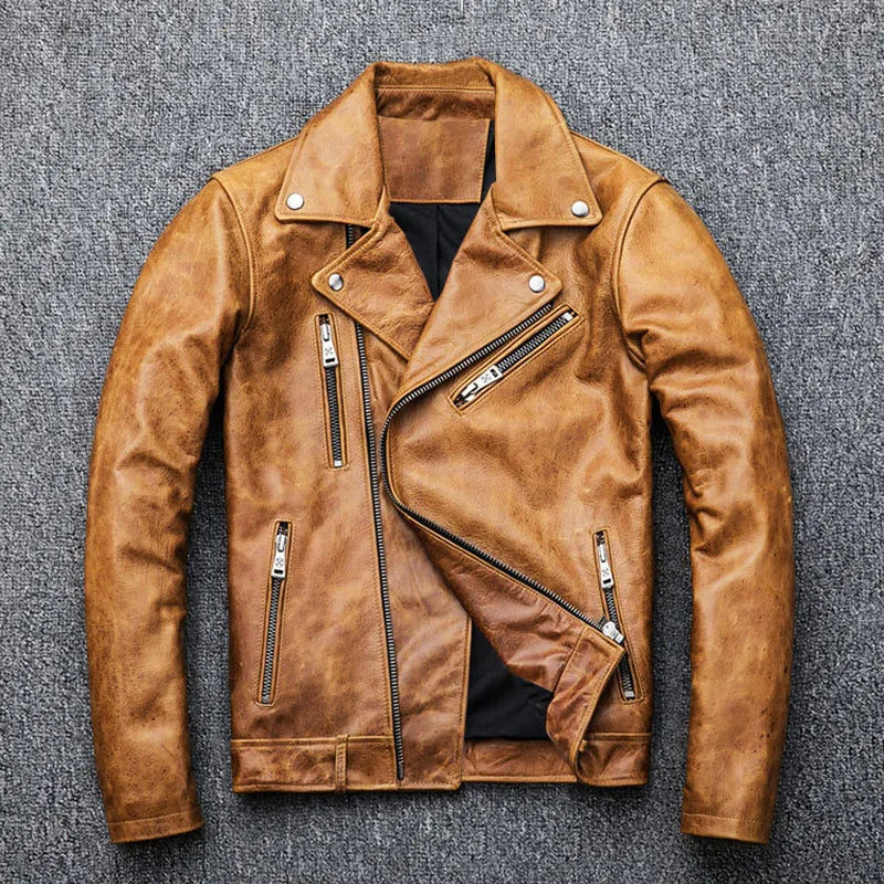 Natural Oil Wax Calf Skin Jackets Men Leather Jacket Thick Turn Down Collar Yellow Brown Men's Skin Coat Winter M098