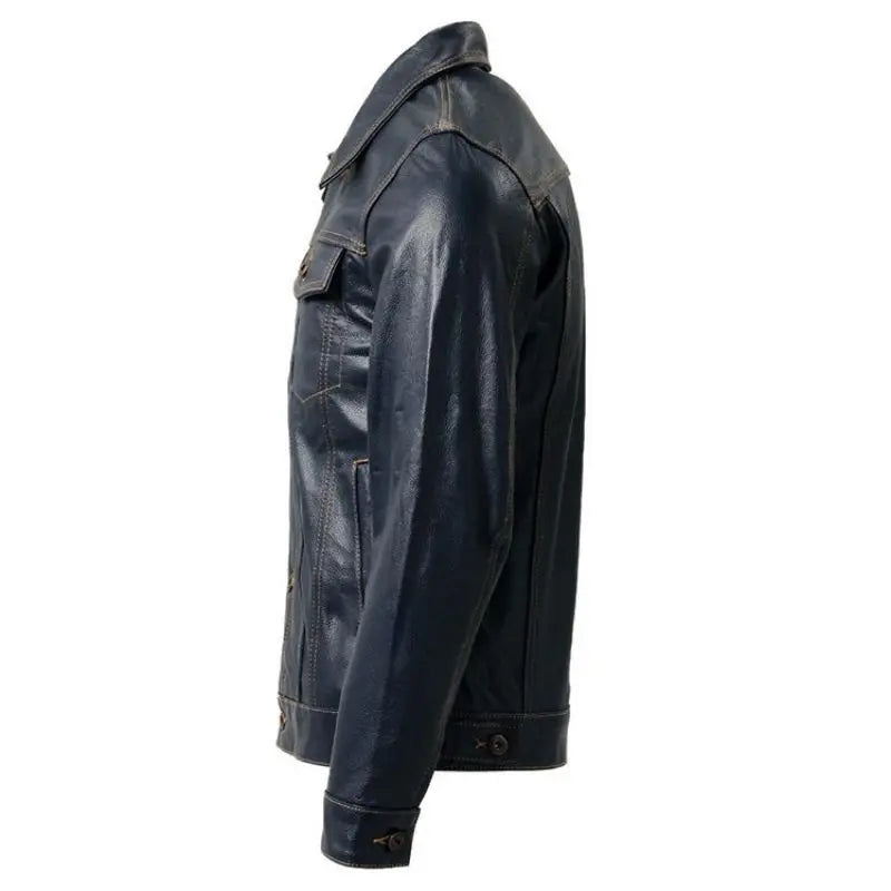 Classic 507 Style Real Cow Leather Jacket For Men Blue Black Slim Fit Genuine Skin Coat Male Clothes Autumn Asian Size M421