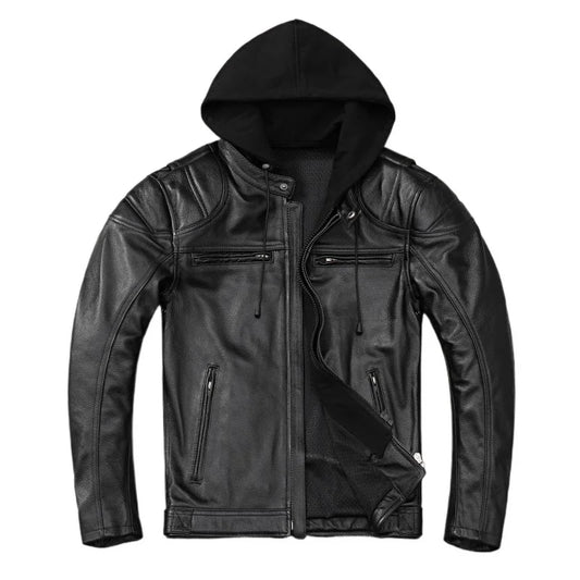 Heavy Motorcycle Jacket Hood Genuine Cowhide Men Leather Jacket Riding Biker Coat Winter Motorbike Jackets Warm Jaquetas